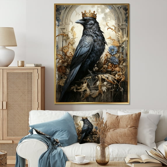 Designart "Majestic Monochrome Crow I" Animals Floater Framed Wall Decor
