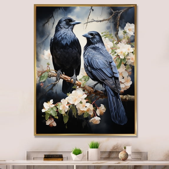Designart "Majestic Monochrome Crow II" Animals Floater Framed Canvas Wall Art