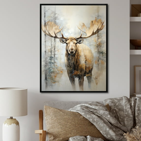 Designart "Majestic Moose Portrait In Beige And Gold I" Moose Floater Framed Wall Art Living Room