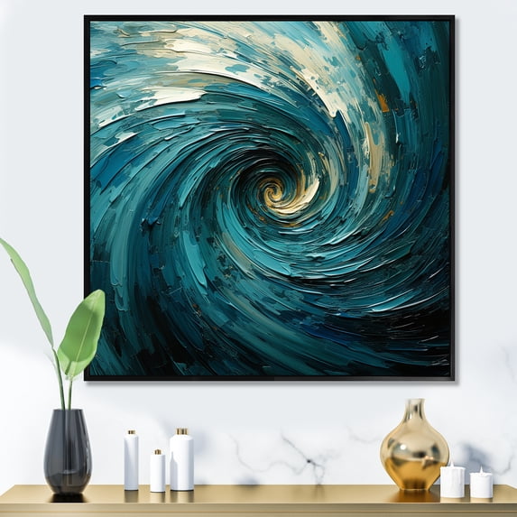 Designart "Majestic Motion In Teal IV" Abstract Spirals Floater Framed Canvas Wall Art