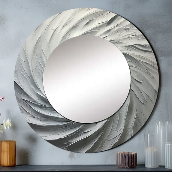 Designart "Majestic Motion In White" Abstract Spirals Rund Mirror For Wall Decor - Large White Round Print Mirror - Round Modern Mirror - Wall Mounted Round Large Mirror - 36" x 36"