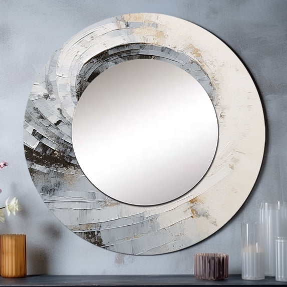 Designart "Majestic Motion In White And Grey" Abstract Spirals Round Mirror Wall Decor Modern - Large White Round Office Mirror - Round Mirror - 29" x 29"