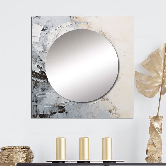 Designart "Majestic Motion In White And Grey" abstract spirals Square Mirror For Wall Decor - Large White Square Printed Wall Mirror Art - Square Modern Mirror - Wall Mounted Square Large Mirror