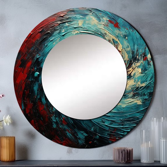 Designart "Majestic Motion Spiral In Red And Blue" Abstract Spirals Rund Mirror For Wall Decor - Large Red Round Print Mirror - Round Modern Mirror - Wall Mounted Round Large Mirror - 29" x 29"