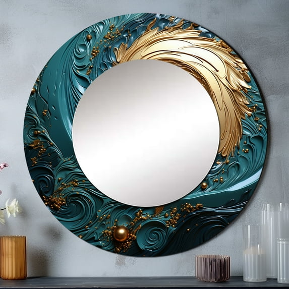 Designart "Majestic Motion in Teal I" Abstract Spirals Round Mirror Wall Decor Modern - Large Blue Round Office Mirror - Round Mirror - 29" x 29"