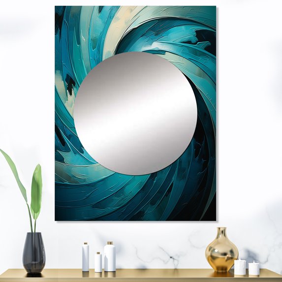 Designart "Majestic Motion in Teal II" Abstract Spirals Mirror Wall Decor - Modern Blue Abstract Mirror Wall Art For Entryway - 40" x 30" Inch
