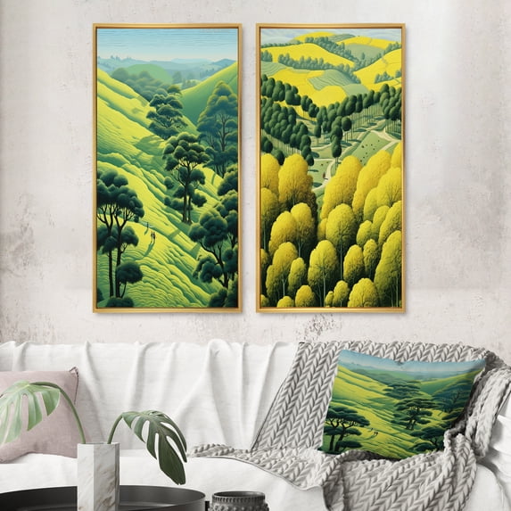 Designart "Majestic Mountain Forest Green Valley Vision VII" Meadow Framed Wall Art Set Of 2 - Traditional Green Gallery Wall Frame Set For Home Decor