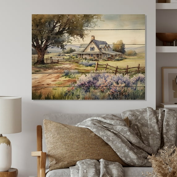 Designart "Majestic Oak Tree At The Farm Rustic Landscape" Landscape Trees Print on Natural Pine Wood