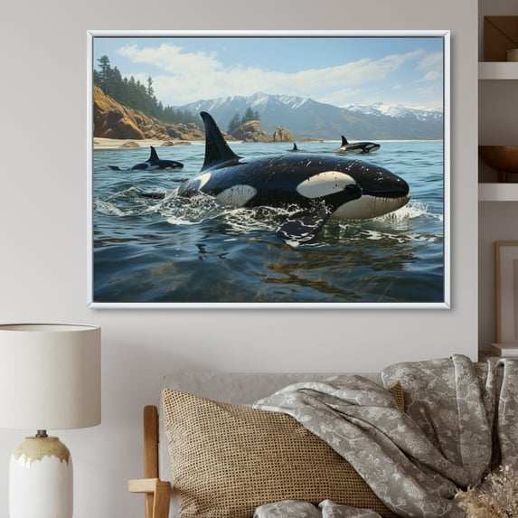 Designart "Majestic Orcas Black and White Marine Animals" Marine Animals Floater Framed Wall Art Living Room