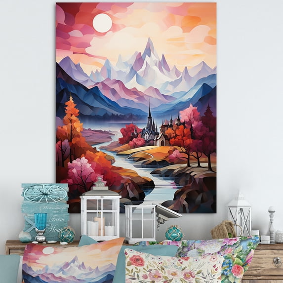 Designart "Majestic Peaks in Romantic Landscape II" Landscapes Canvas Wall Art - Traditional Pink Romantic Landscape Entryway Wall Art Print
