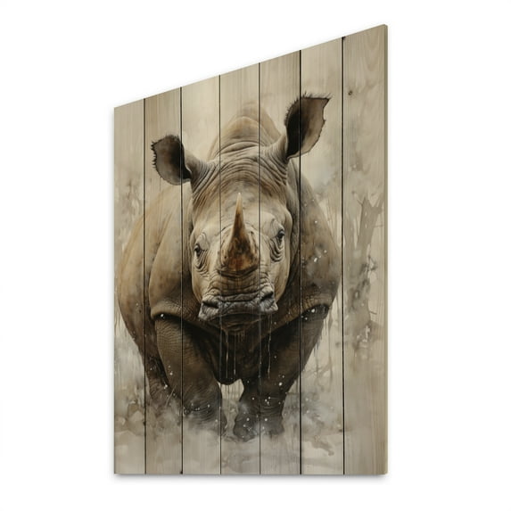 Designart "Majestic Portrait of a Rhinoceros" Animals Print on Natural Pine Wood