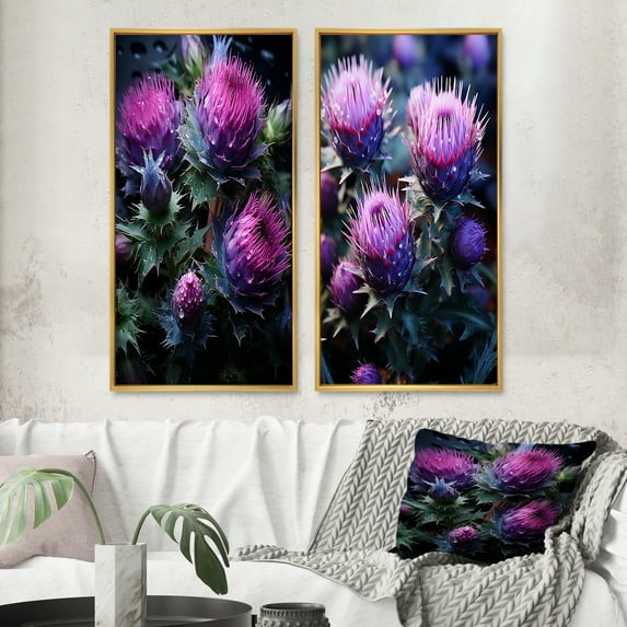 Designart "Majestic Purple Thistle II" Thistle Framed Wall Art Set Of 2 - Purple Floral Gallery Wall Frame Set For Home Decor