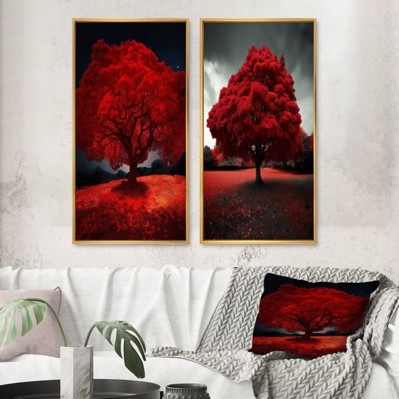 Designart "Majestic Red Tree Captured in Nature Photography" Landscape Trees Framed Wall Art Set Of 2 - Traditional Red Framed Wall Art Set Of 2