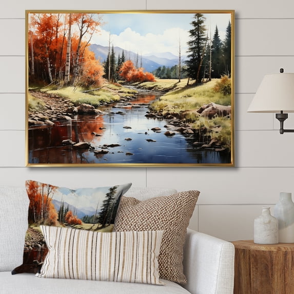 Designart "Majestic Reflections in Green Orange Mountains" Landscapes Floater Framed Wall Decor