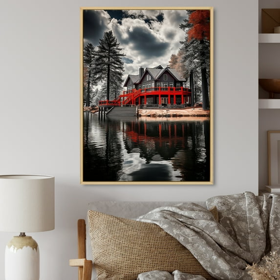Designart "Majestic Retreat The Red and Grey Lakehouse II" Cottage Floater Framed Wall Art Print