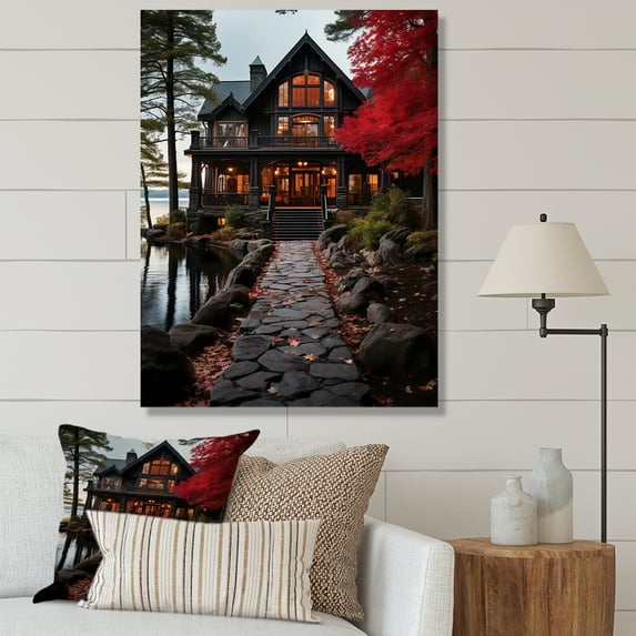 Designart "Majestic Retreat The Red and Grey Lakehouse III" Cottage Canvas Wall Art