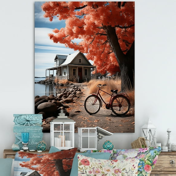 Designart "Majestic Retreat The Red and Grey Lakehouse VII" Cottage Wall Art Living Room