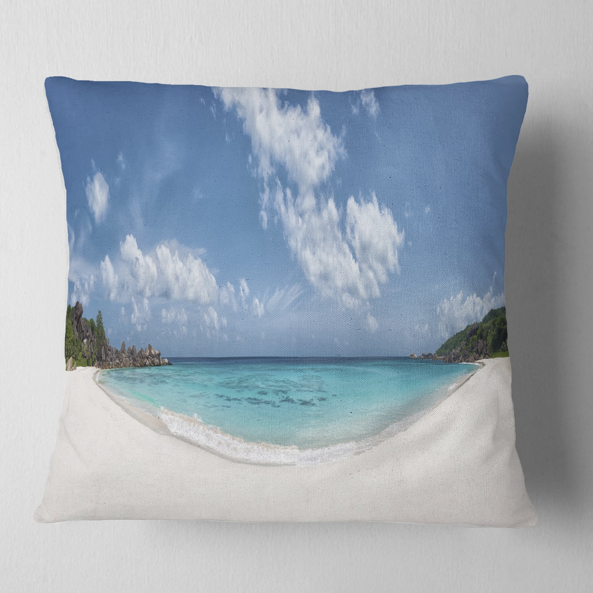 Designart Majestic Seychelles Beach Panorama - Seascape Throw Pillow - 18x18