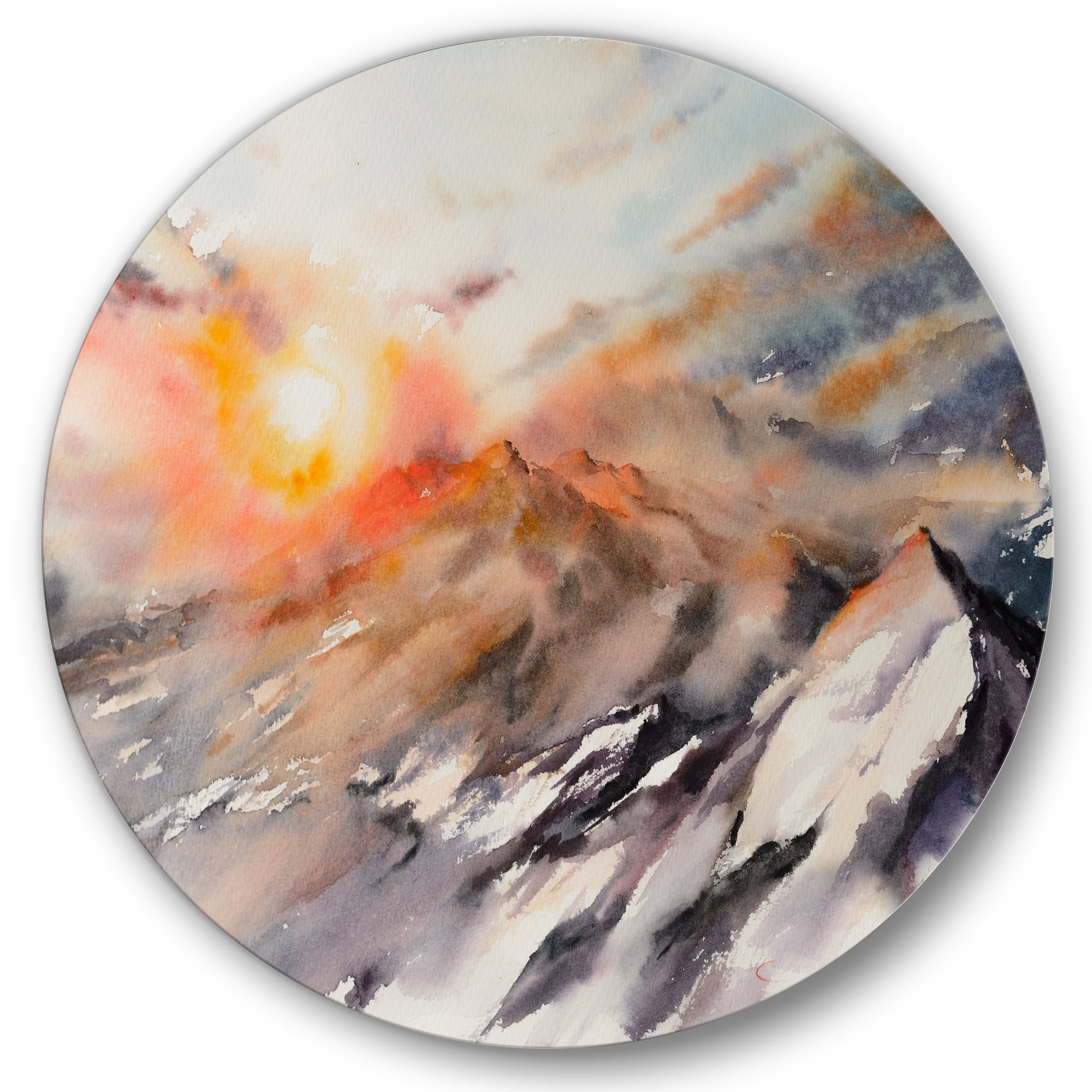Designart 'Majestic Sunset Glow on The Mountains Landscape' Traditional Circle Metal Wall Art 23x23 - Disc of 23