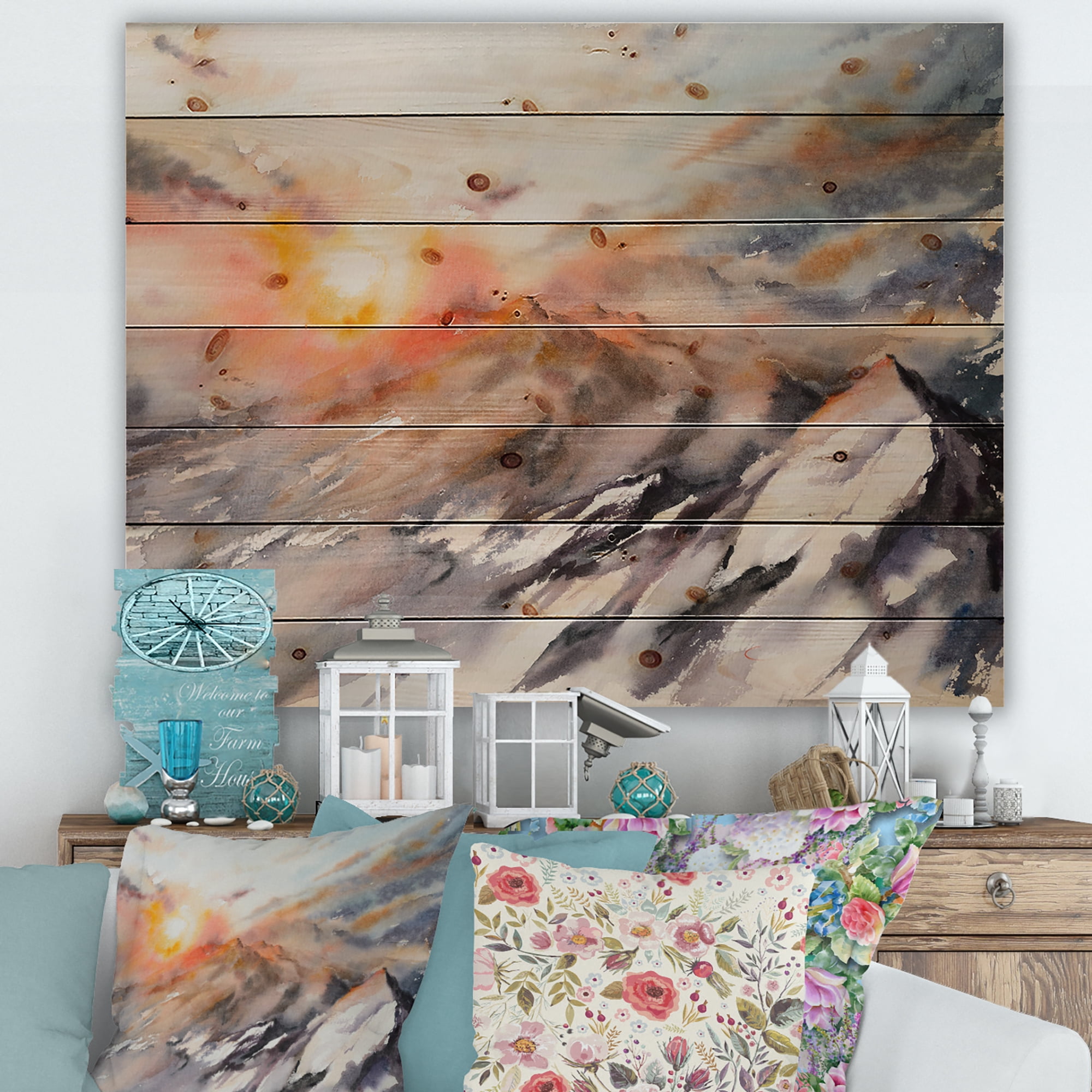 Designart 'Majestic Sunset Glow on The Mountains Landscape' Traditional Print on Natural Pine Wood