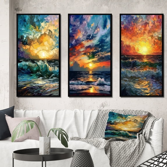 Designart "Majestic Sunset Waves Breaking at Shore II" Coastal Waves Framed Wall Art Set Of 3 - Yellow Coastal Frame Gallery Wall Set For Home Decor