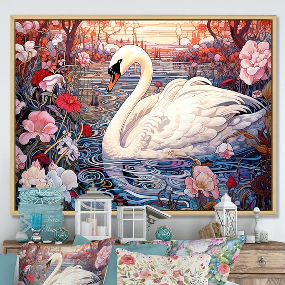 Designart "Majestic Swans At Horizon I" Animals Swans Floater Framed Canvas Prints