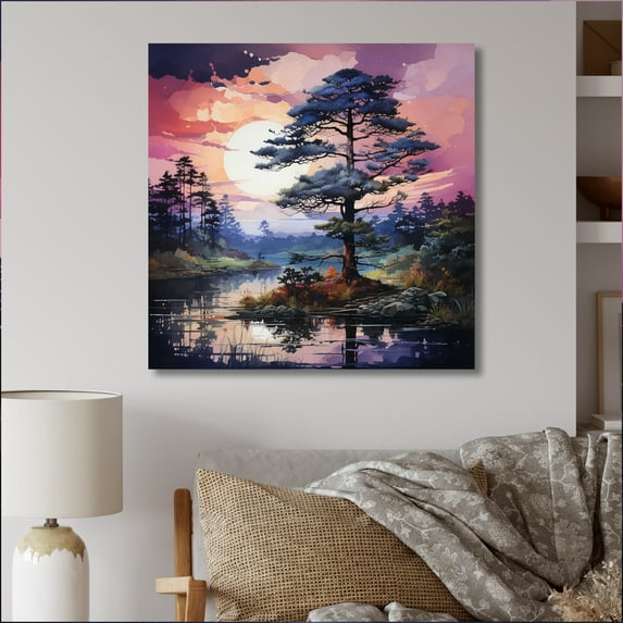 Designart "Majestic Twilight with Pine Trees" Lakes & Rivers Metal Wall Art
