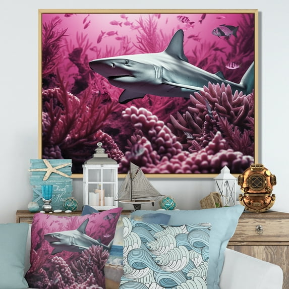 Designart "Majestic Violet Hammerhead Sharks" Coastal Coral Under Water Floater Framed Wall Decor