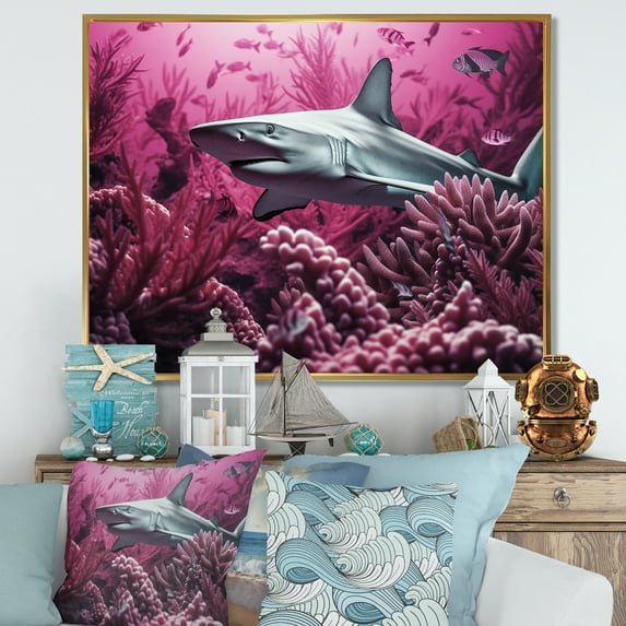 Designart "Majestic Violet Hammerhead Sharks" Coastal Coral Under Water Floater Framed Wall Decor