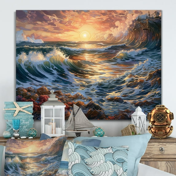 Designart "Majestic Waves in Gold and Blue III" Modern Landscape Beach Metal Wall Art