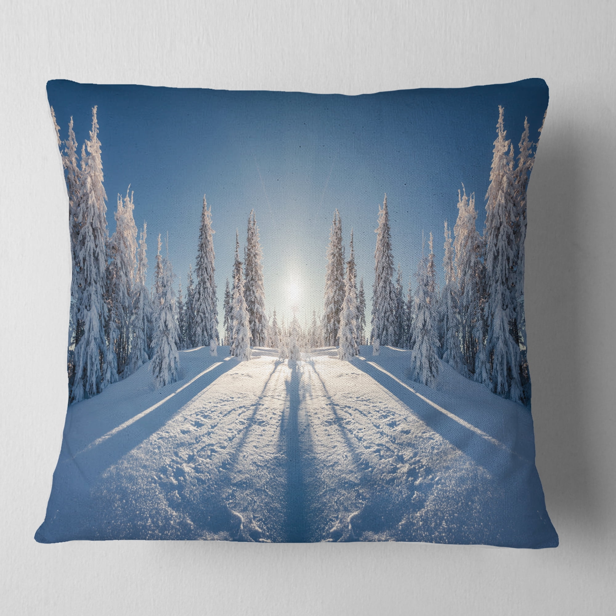 Designart Majestic White Winter Landscape - Landscape Printed Throw Pillow - 16x16