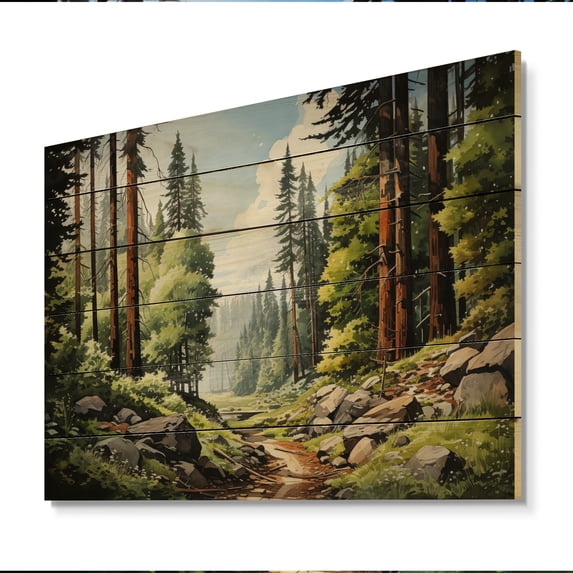 Designart "Majesty Redwood Forest Tree II" Tree Redwood Print on Natural Pine Wood