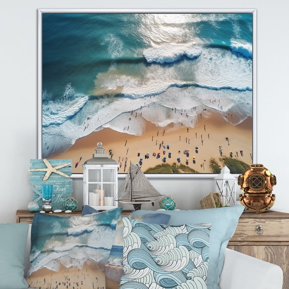 Designart "Majesty in Blue Aerial Beach Views I" Beach Framed Wall Art - Coastal White Beach & Ocean Entryway Framed Wall Art
