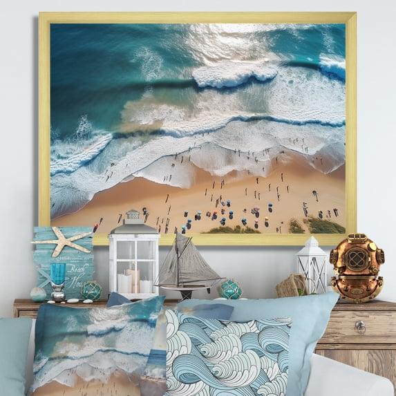 Designart "Majesty in Blue Aerial Beach Views I" Beach Framed Wall Art Decor - Coastal White Beach & Ocean Entryway Framed Wall Art Print