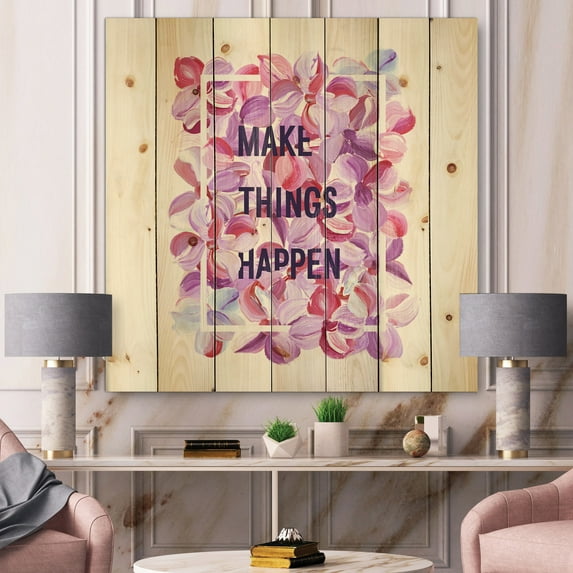 Designart 'Make Things Happen On Purple Flowers' Traditional Print on Natural Pine Wood