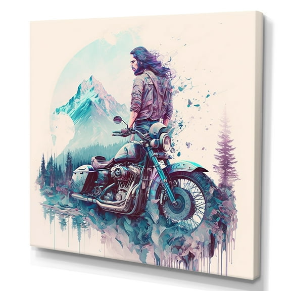 Designart Man And His Motorcycle With Mountain Views Canvas Wall Art