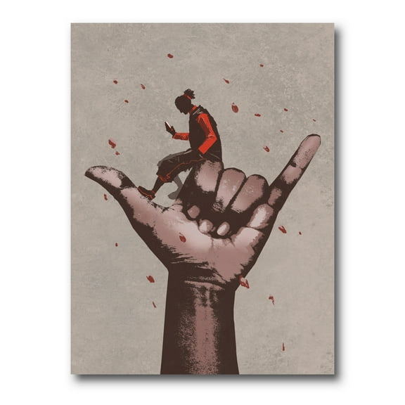 Designart ' Man Using Mobile Phone With Call Me Sign ' Modern Canvas Wall Art Print