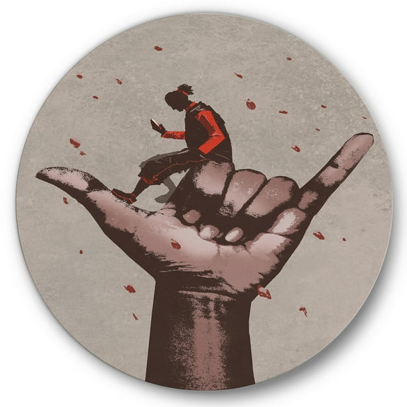 Designart 'Man Using Mobile Phone With Call Me Sign' Modern Circle Metal Wall Art 11x11 - Disc of 11