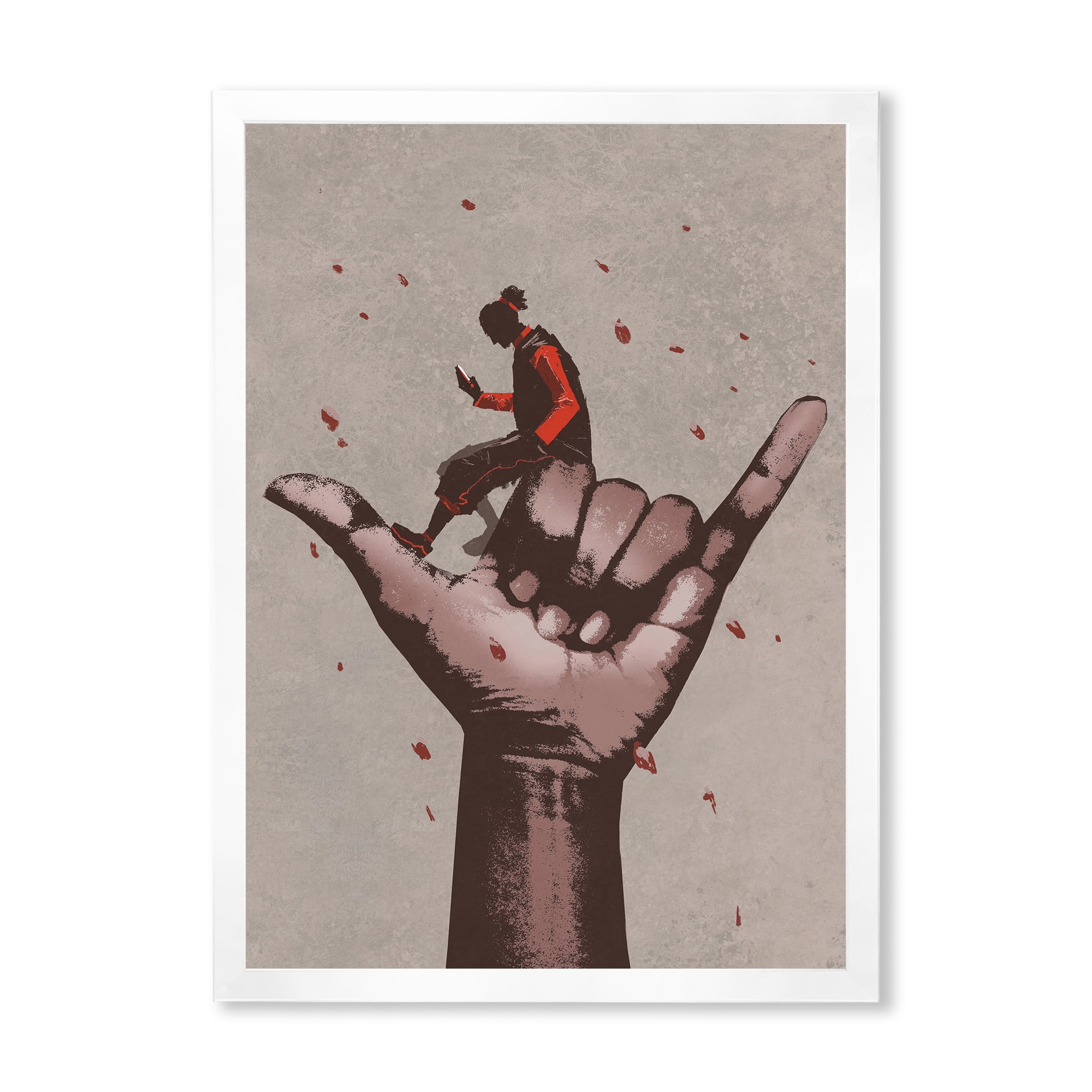 Designart 'Man Using Mobile Phone With Call Me Sign' Modern Framed Art Print