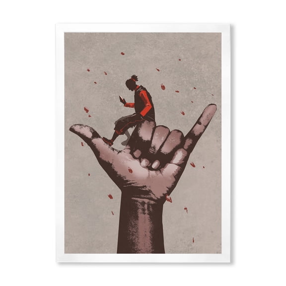 Designart 'Man Using Mobile Phone With Call Me Sign' Modern Framed Art Print