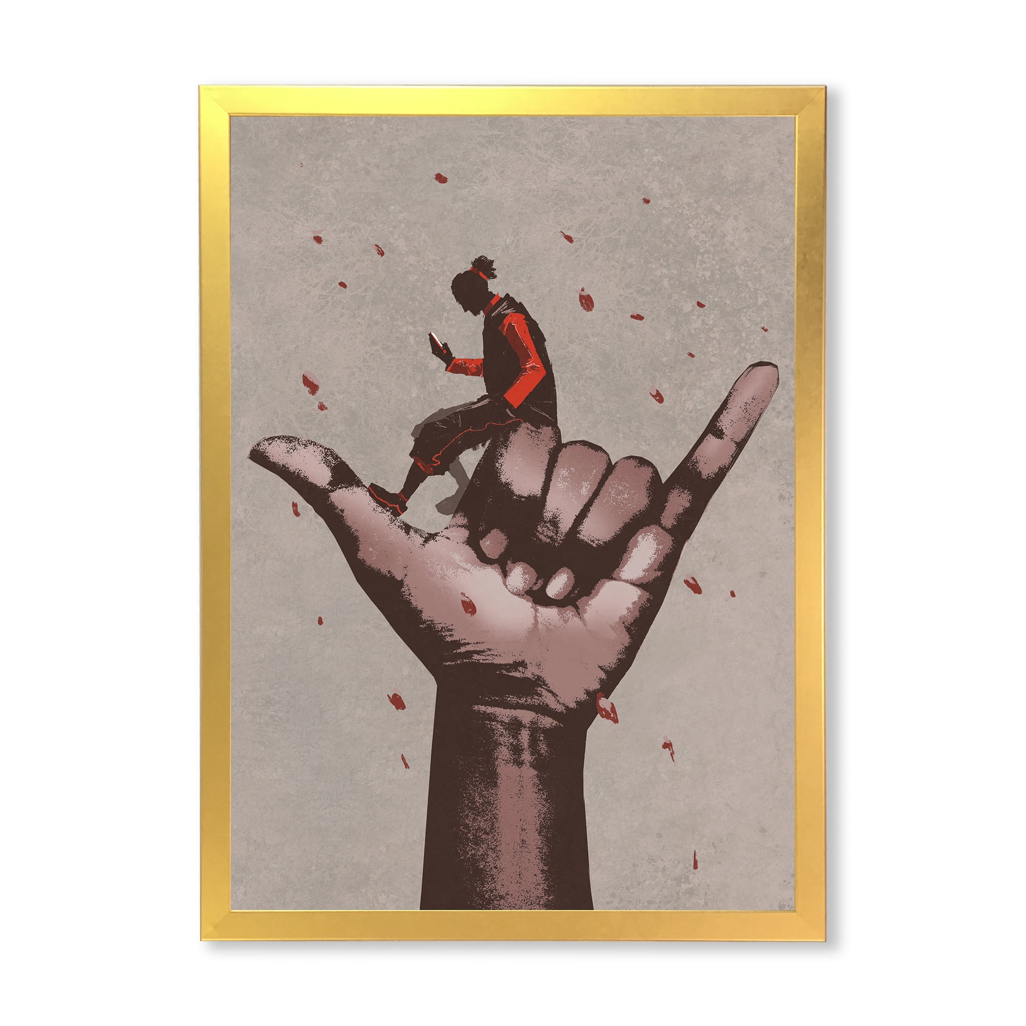 Designart 'Man Using Mobile Phone With Call Me Sign' Modern Framed Art Print