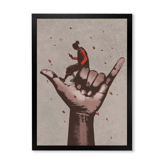 Designart 'Man Using Mobile Phone With Call Me Sign' Modern Framed Art Print