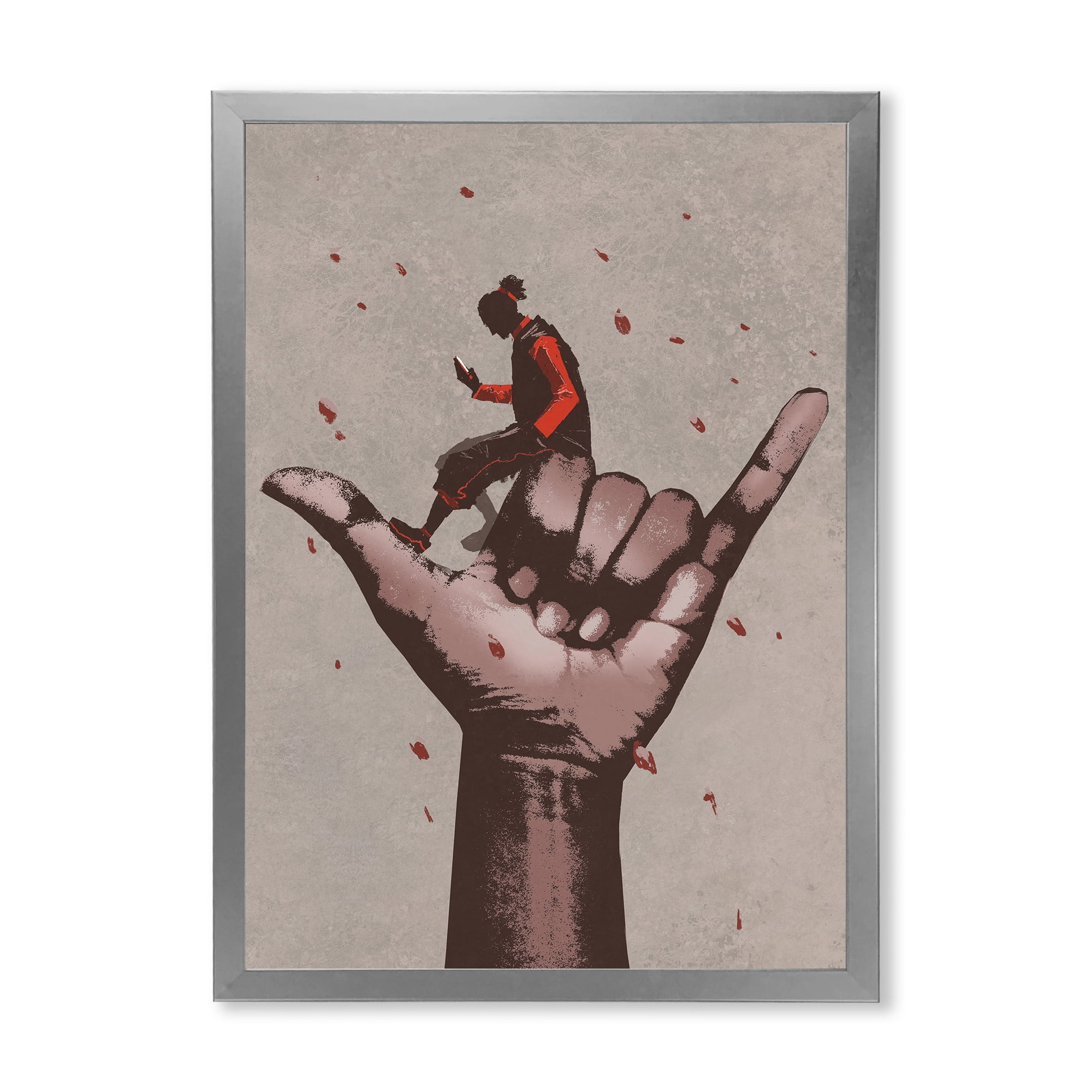 Designart 'Man Using Mobile Phone With Call Me Sign' Modern Framed Art Print