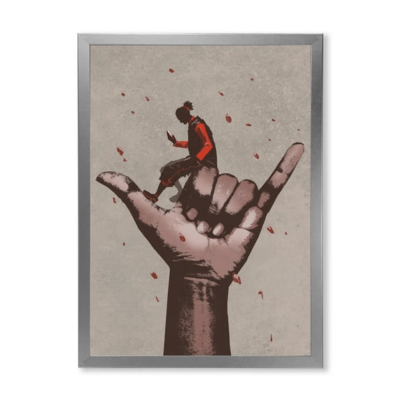 Designart 'Man Using Mobile Phone With Call Me Sign' Modern Framed Art Print