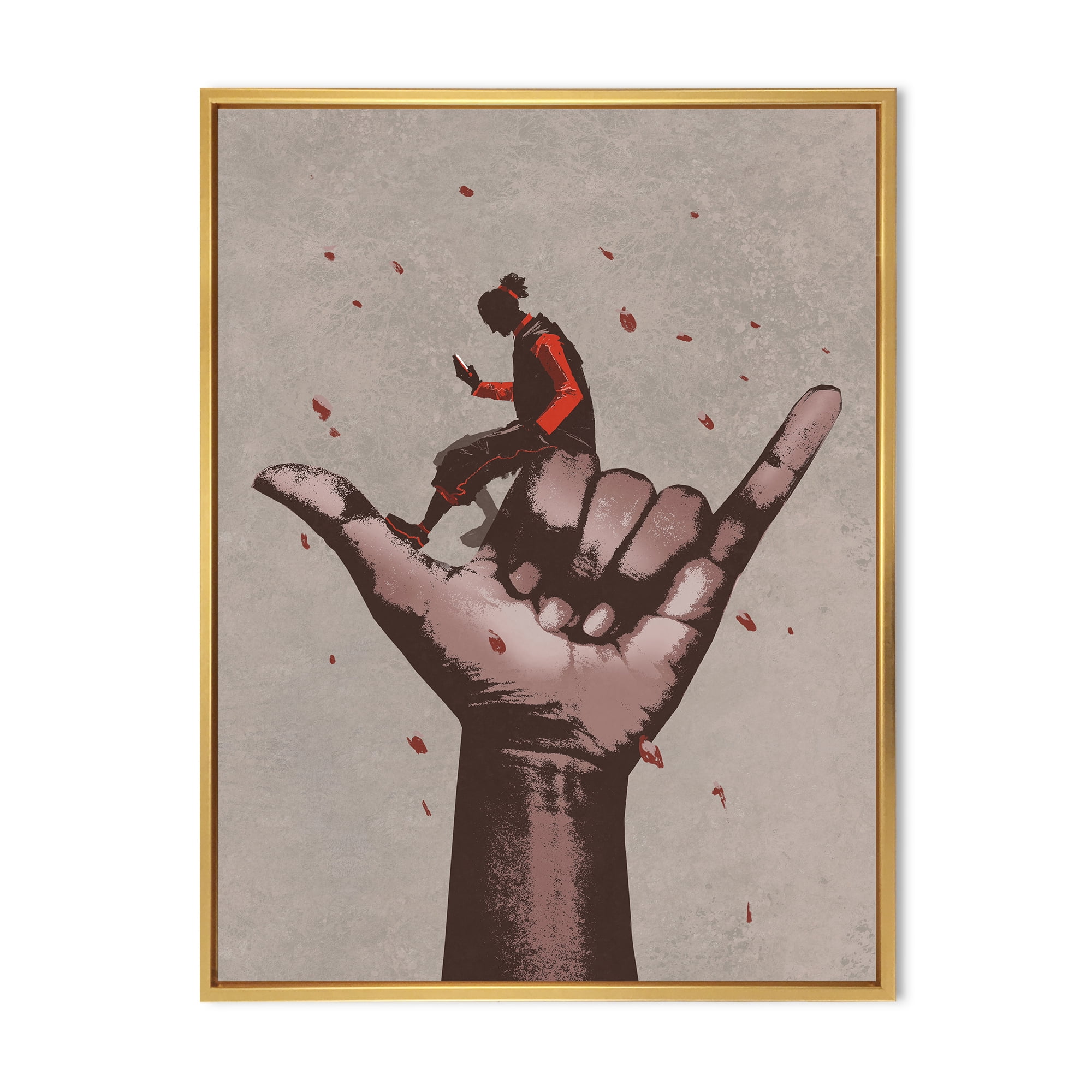 Designart 'Man Using Mobile Phone With Call Me Sign' Modern Framed Canvas Wall Art Print