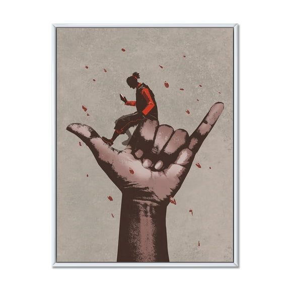 Designart 'Man Using Mobile Phone With Call Me Sign' Modern Framed Canvas Wall Art Print