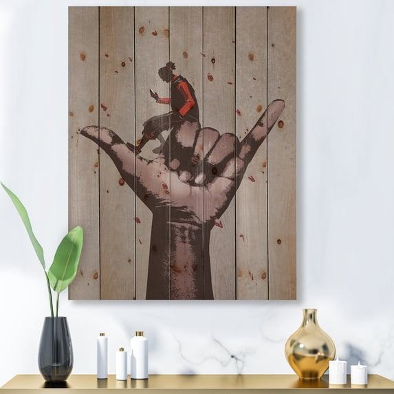 Designart 'Man Using Mobile Phone With Call Me Sign' Modern Print on Natural Pine Wood