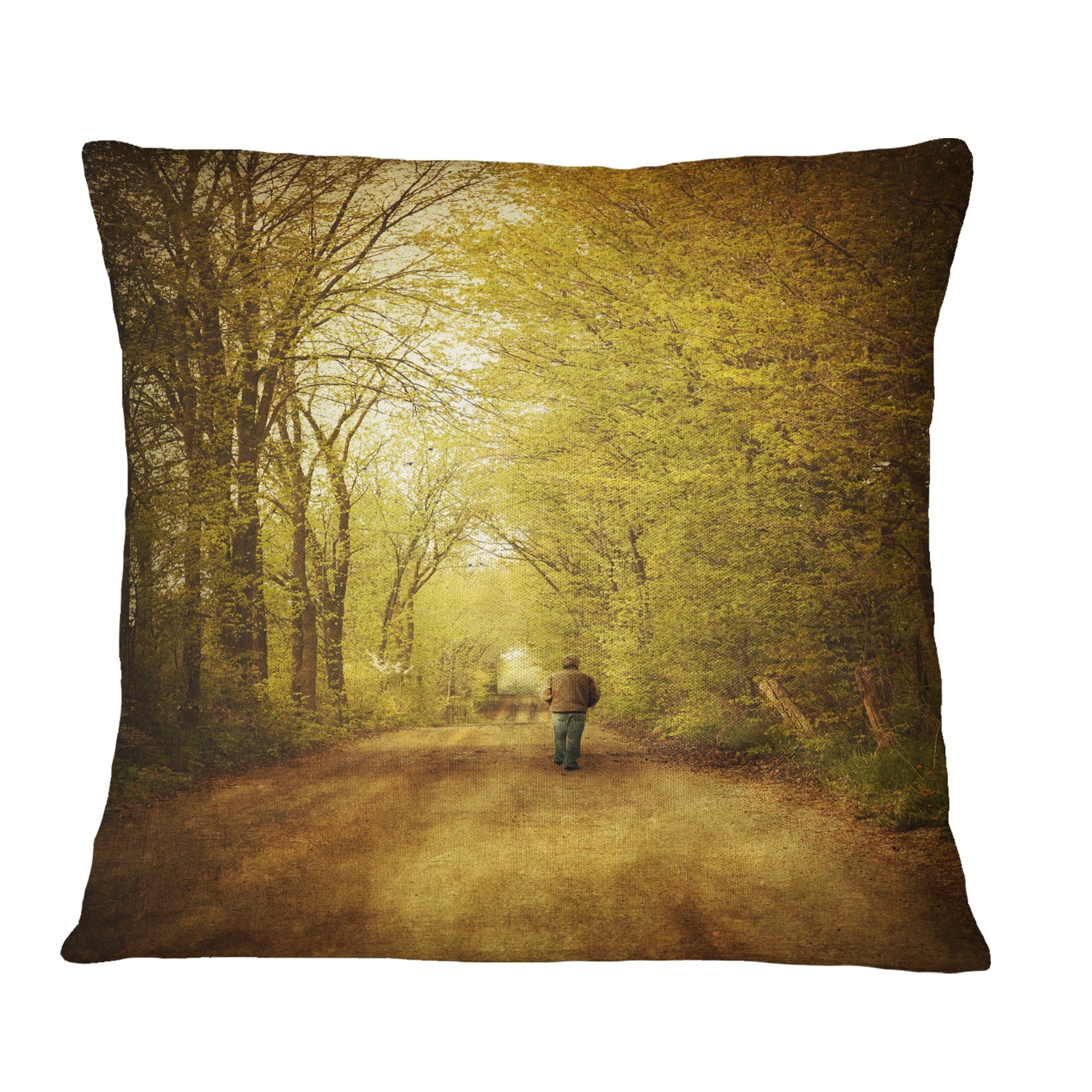 Designart Man Walking Lonely on Rural Road - Landscape Printed Throw Pillow - 16x16