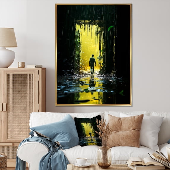 Designart "Man Walking to Mystic Forest in Mystical Flora II" Landscapes Framed Wall Art - Modern Yellow Abstract Landscapes Living Room Framed Canvas Art