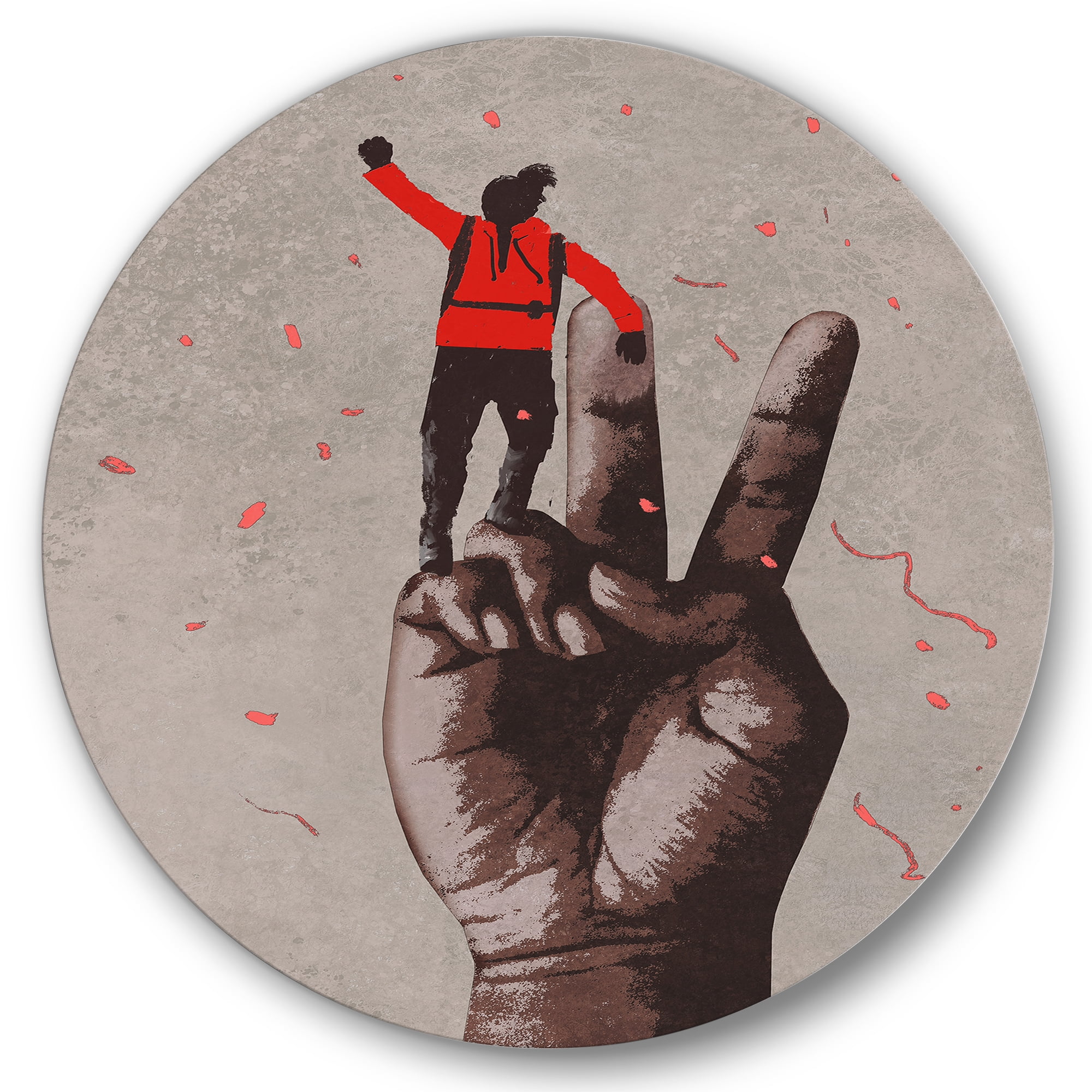 Designart 'Man With Arm Raised On Victory Sign' Modern Circle Metal Wall Art 29x29 - Disc of 29